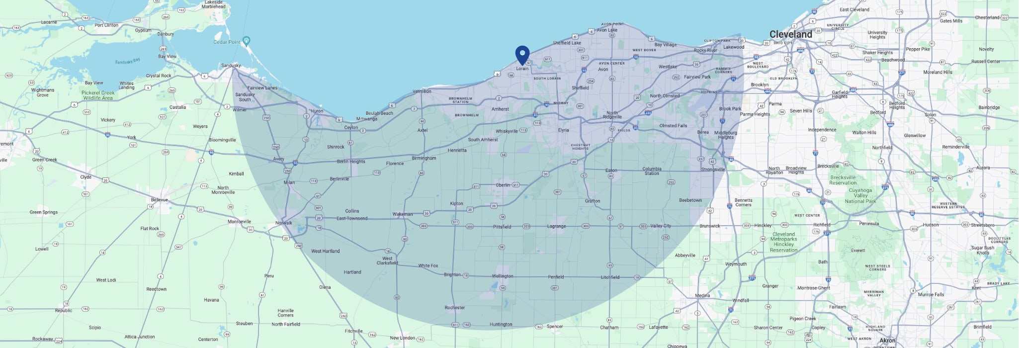 Service area for Raymond Plumbing Heating & Air Conditioning, covering Lorain County, OH, and the surrounding area.