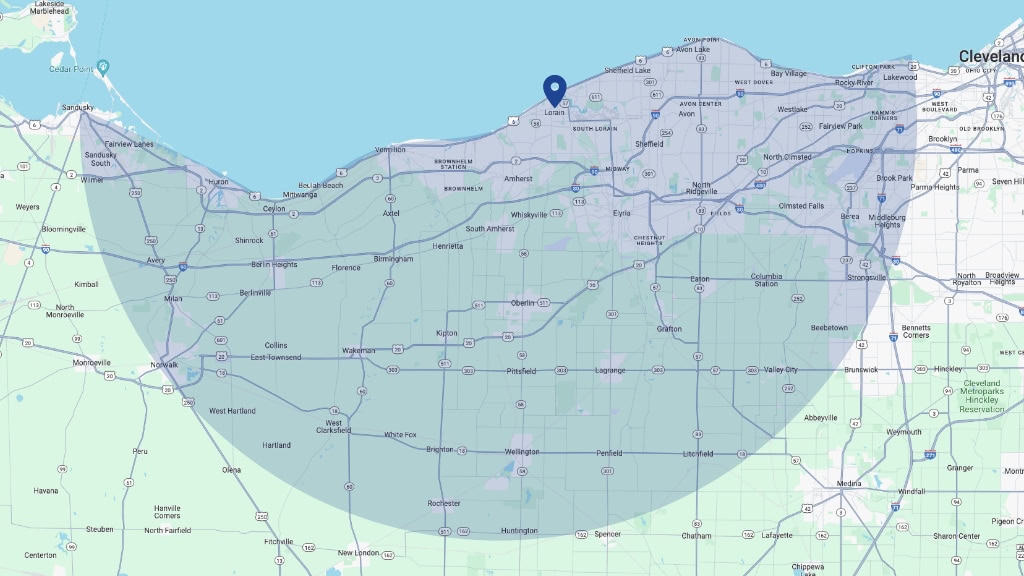 Service area for Raymond Plumbing Heating & Air Conditioning, covering Lorain County, OH, and the surrounding area.