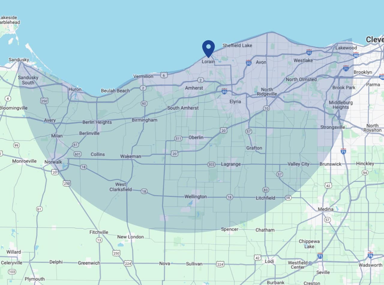 Service area for Raymond Plumbing Heating & Air Conditioning serving Lorain, OH and the surrounding areas.